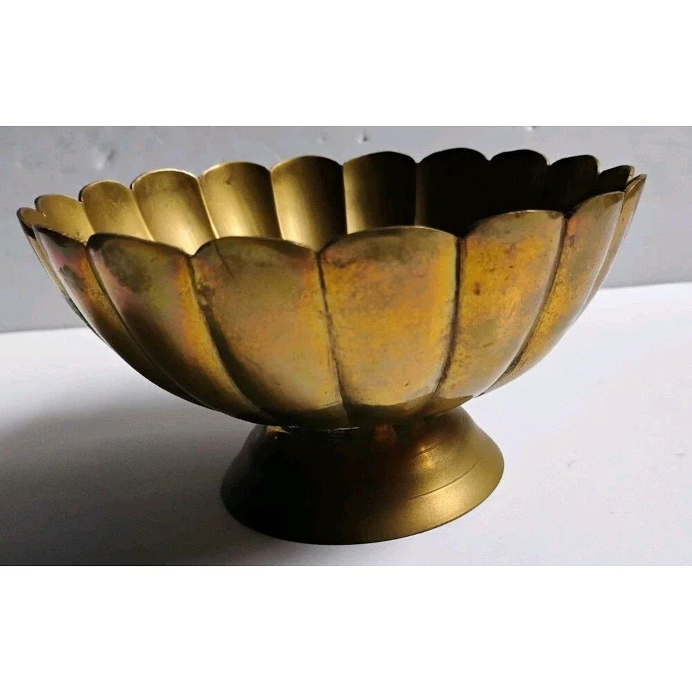 Vintage Solid Brass Lotus Pedestal Bowl Scalloped Edge Catchall Medium 5.5